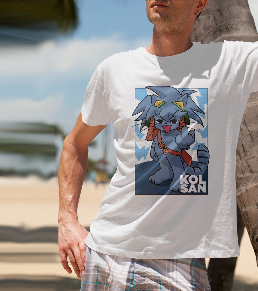 Kolsan Attitude Blue Cat Character With Lightning Bolt Background T-Shirt