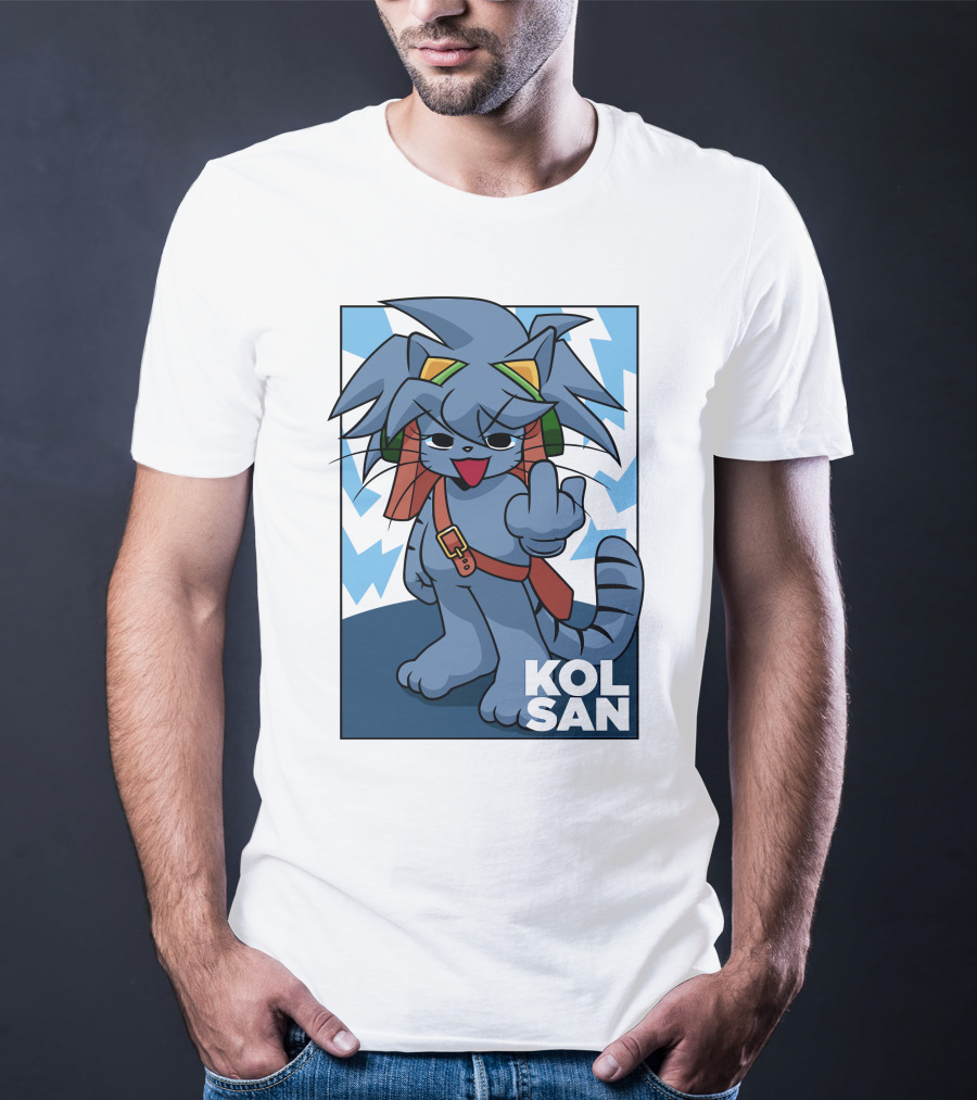 Kolsan Attitude Blue Cat Character With Lightning Bolt Background T-Shirt