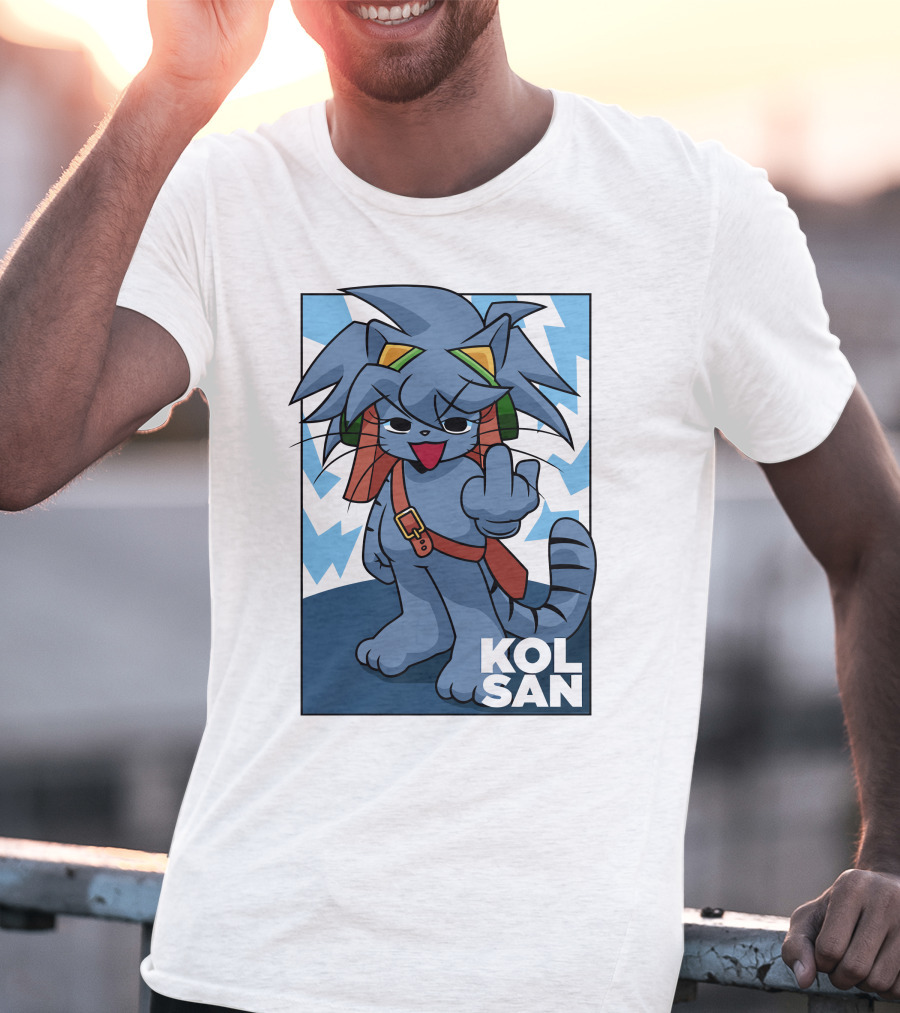 Kolsan Attitude Blue Cat Character With Lightning Bolt Background T-Shirt
