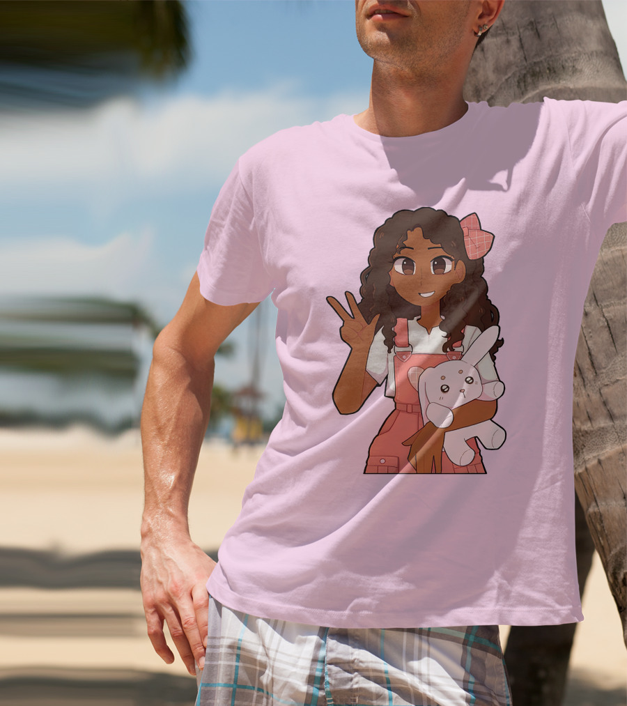 Akeila Merch Anime Style Character With Pink Overalls And Stuffed Bunny T-Shirt