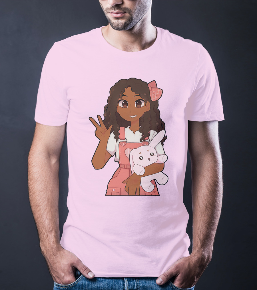 Akeila Merch Anime Style Character With Pink Overalls And Stuffed Bunny T-Shirt