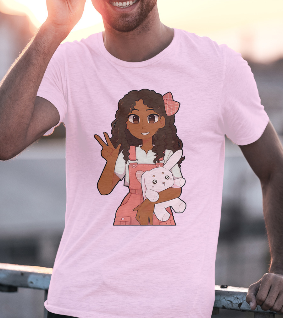 Akeila Merch Anime Style Character With Pink Overalls And Stuffed Bunny T-Shirt