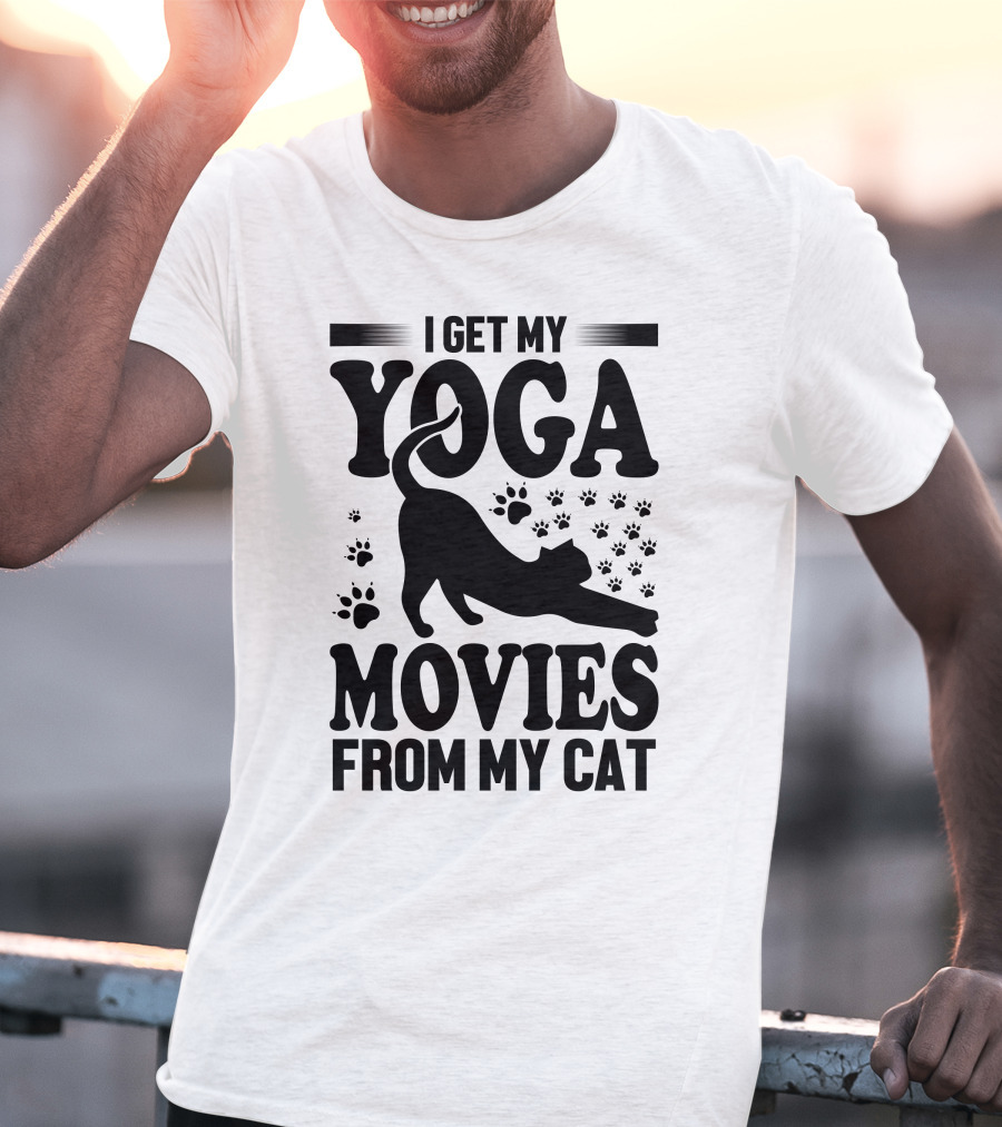 I Get My Yoga Moves And Inspiration From My Cat With Paw Prints And Stretching Cat T-Shirt