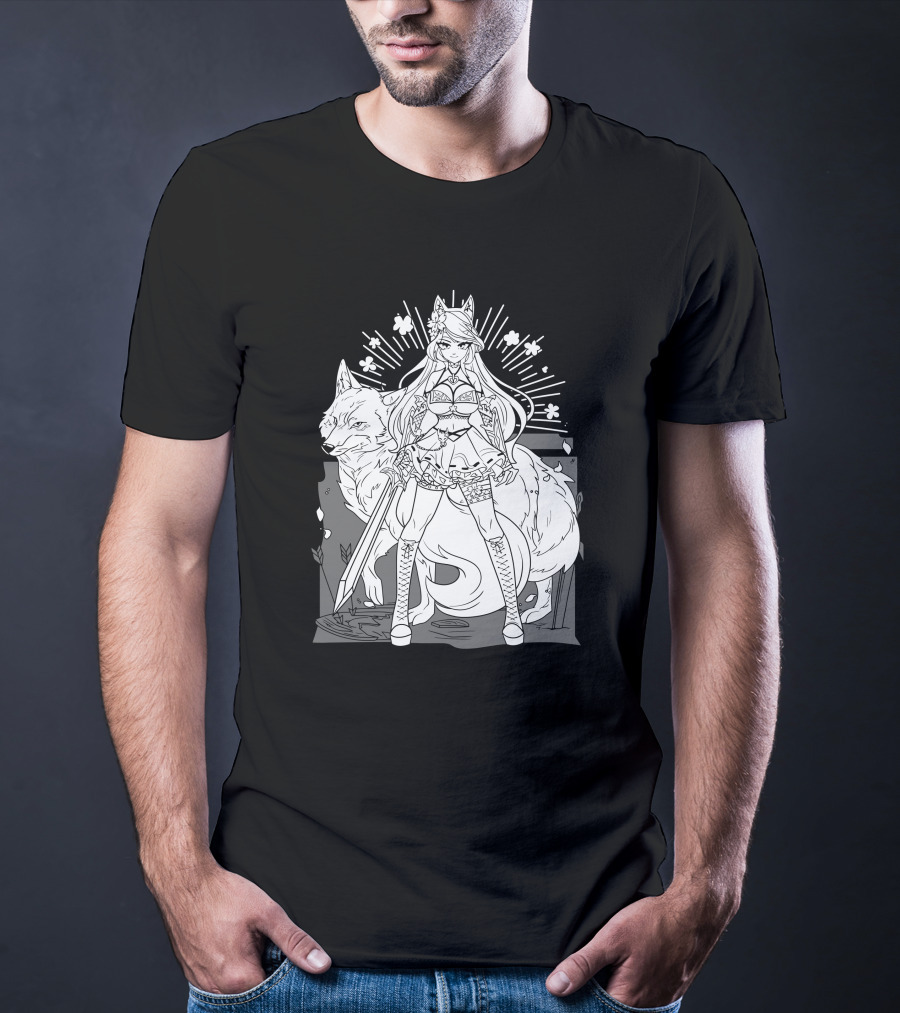 Shark Robot Silvervale Vshojo Warrior With Wolf Companion T-Shirt