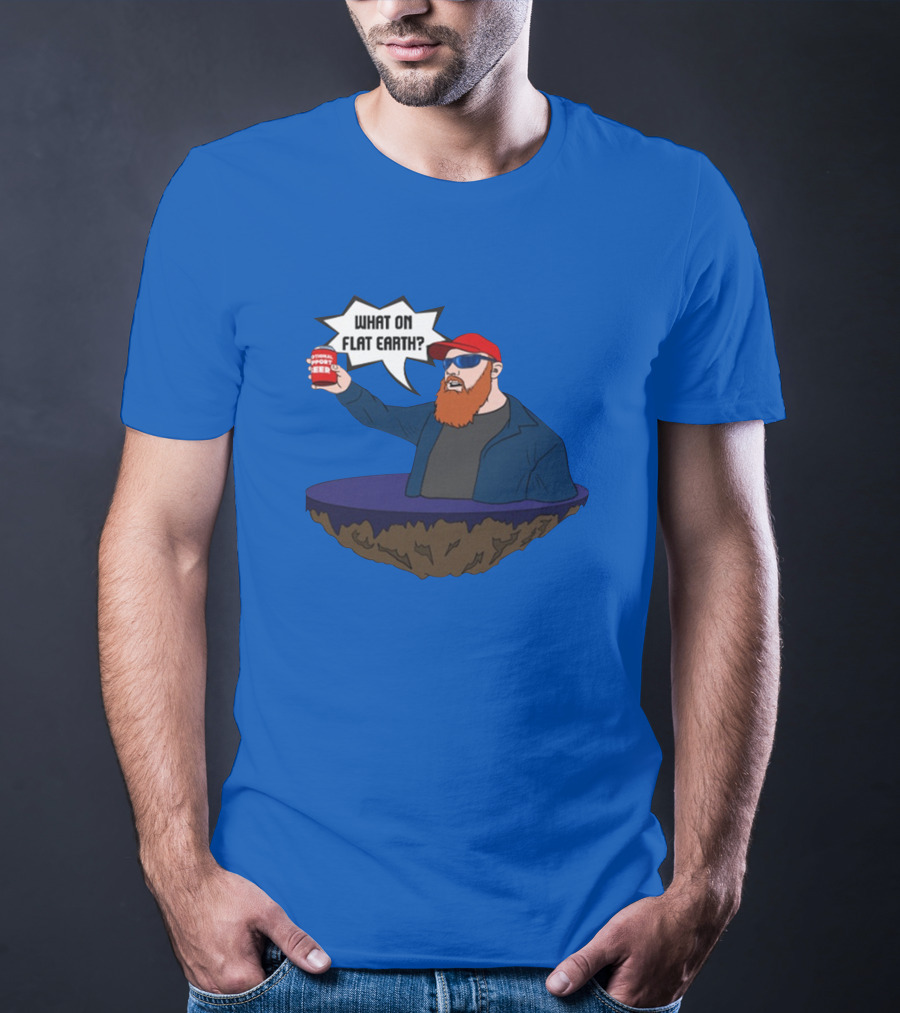 Brent Terhune What On Flat Earth Comedy Satire Floating Island Red Hat Beard Sunglasses Blue Jacket Can T-Shirt