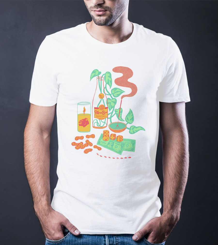 Quarenscene Natural Simone Thornton Topo Chico Peanuts Candle Dice Leaves Money Ants T-Shirt