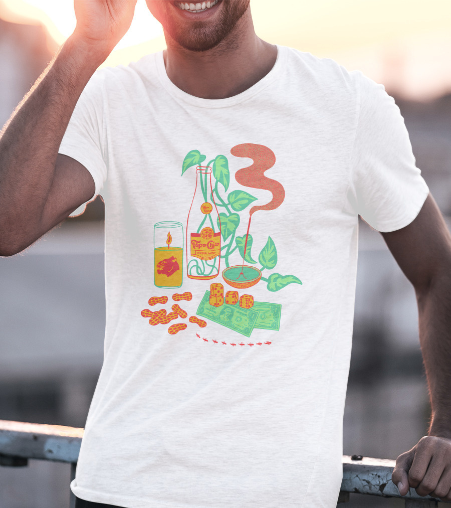 Quarenscene Natural Simone Thornton Topo Chico Peanuts Candle Dice Leaves Money Ants T-Shirt
