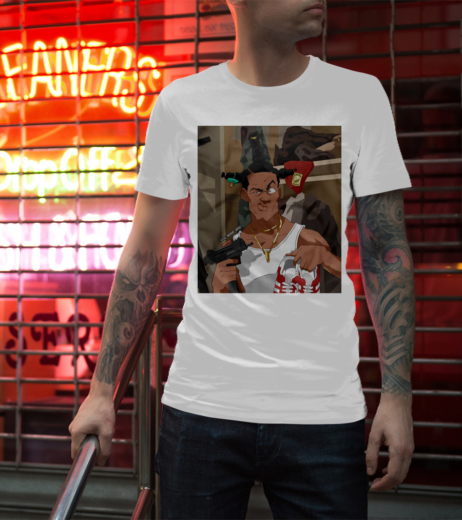 Loc Dog Mens Society Parody Character Holding Sneakers And Gun T-Shirt