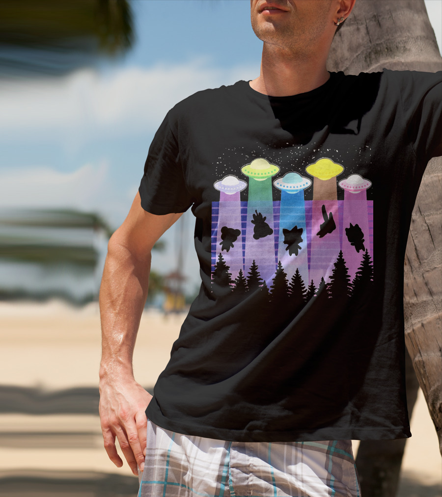 Krewdistrict Flying Saucers Alien Abduction Cartoon Silhouettes Forest Scene T-Shirt