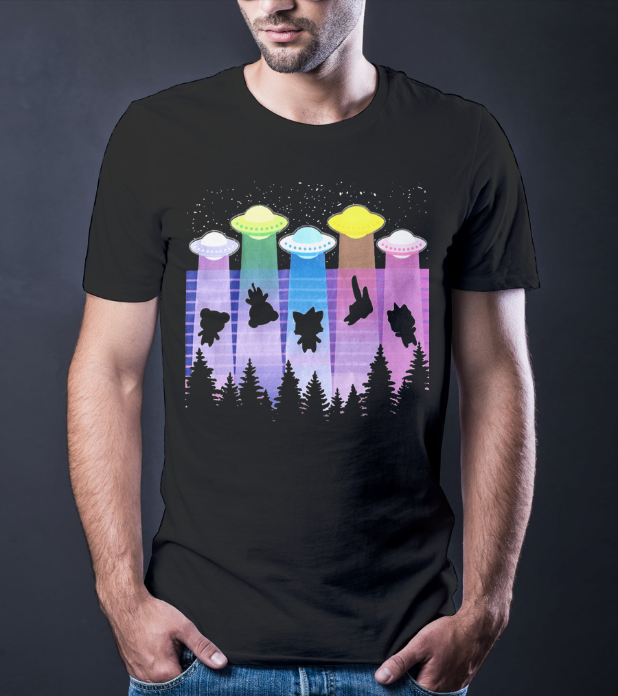 Krewdistrict Flying Saucers Alien Abduction Cartoon Silhouettes Forest Scene T-Shirt