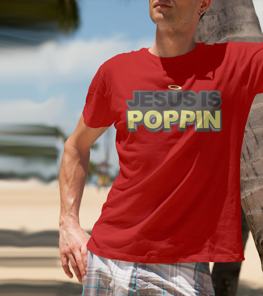 JESUS IS POPPIN Angel Halo Icon On Red T-Shirt