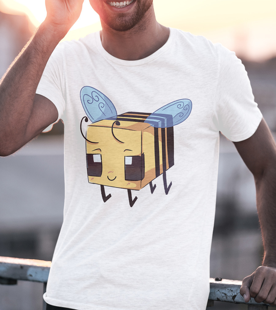 Punz Merch Cute Blocky Bee Character With Whimsical Blue Wings T-Shirt