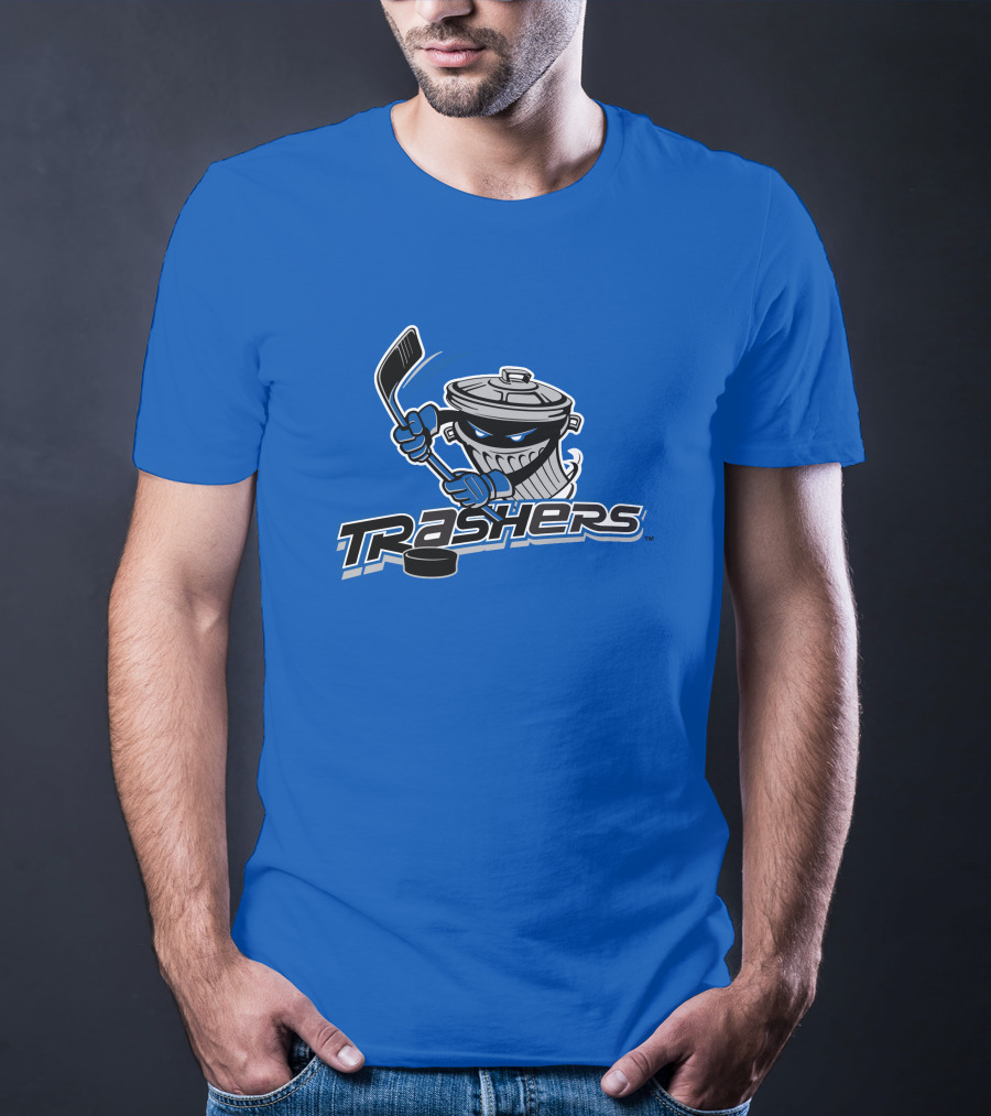 Danbury Trashers Blue Logo Hockey Trash Can Mascot T-Shirt