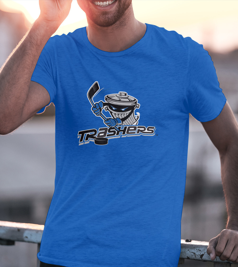 Danbury Trashers Blue Logo Hockey Trash Can Mascot T-Shirt