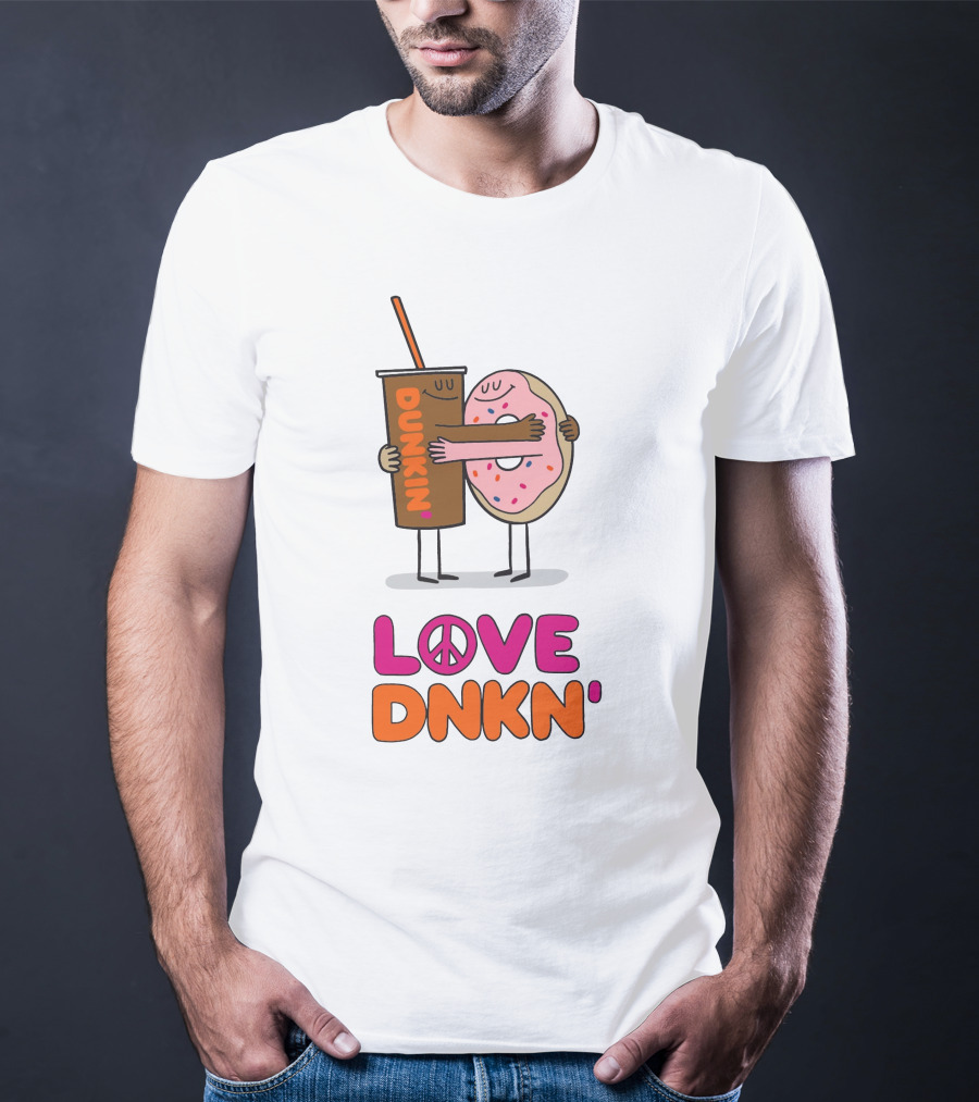 Love Peace Dunkin' Hugging Cartoon Donut And Coffee T-Shirt