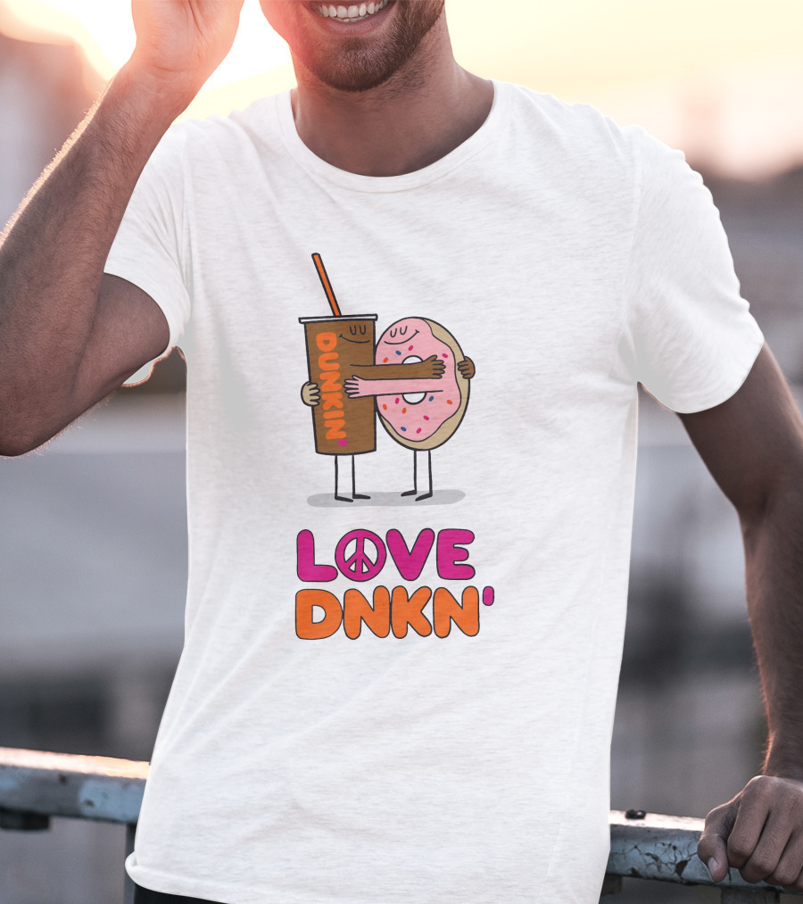 Love Peace Dunkin' Hugging Cartoon Donut And Coffee T-Shirt