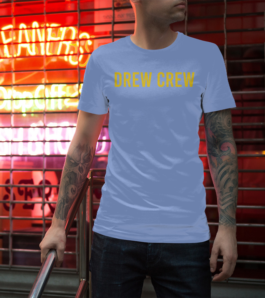 Drew Crew Merch Yellow Text Blue Background T-Shirt