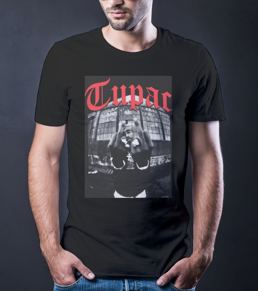 Tupac Front View Gesture Red Gothic Text T-Shirt