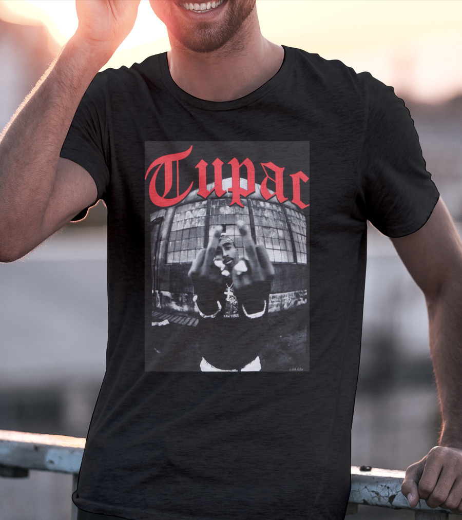 Tupac Front View Gesture Red Gothic Text T-Shirt