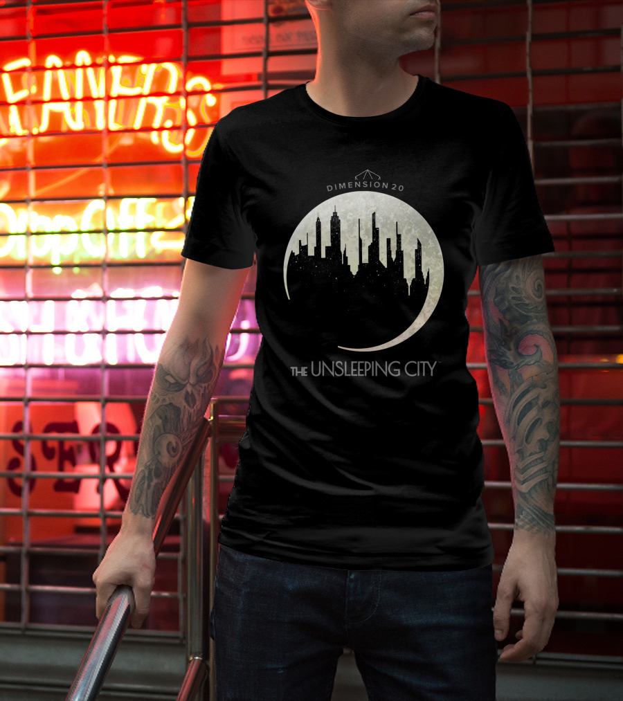 Dimension 20 The Unsleeping City Moon Skyline T-Shirt