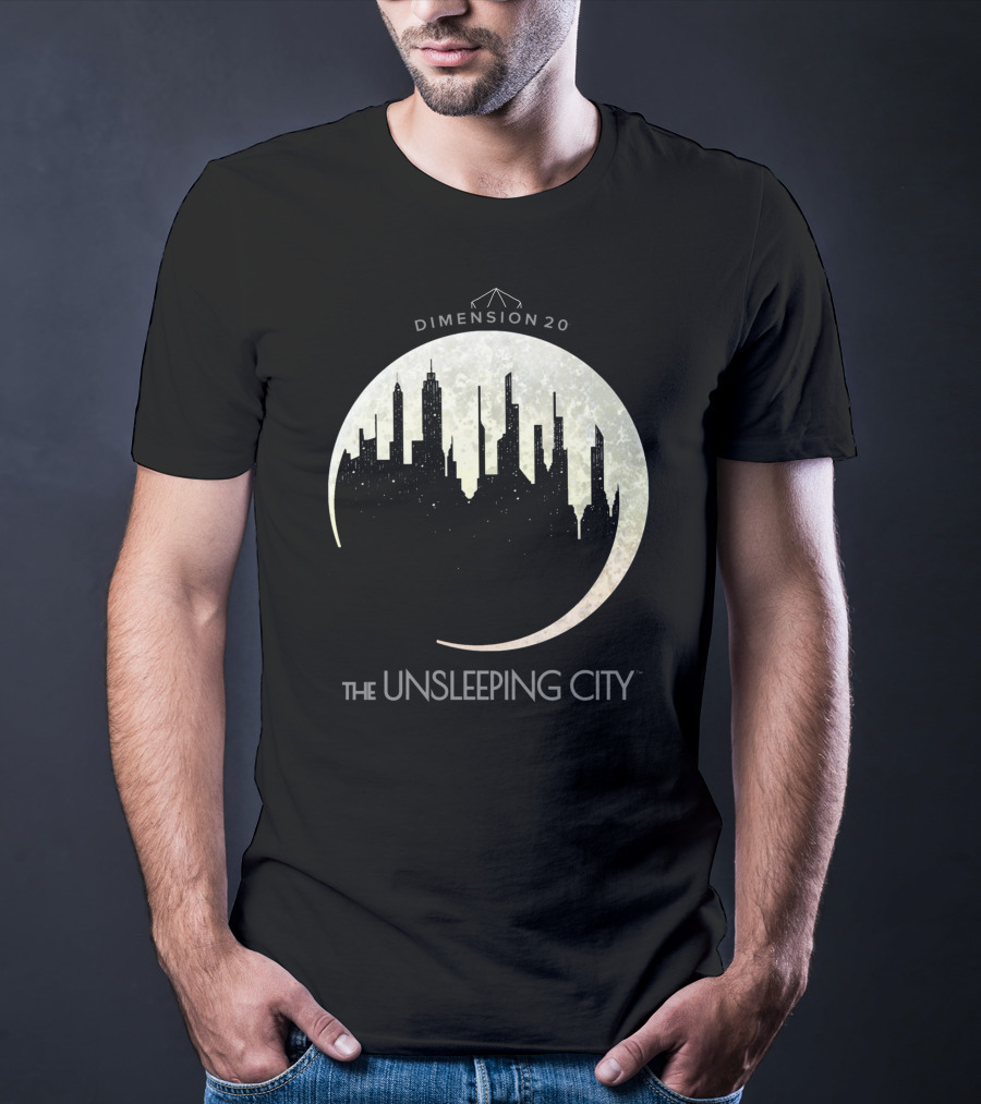 Dimension 20 The Unsleeping City Moon Skyline T-Shirt