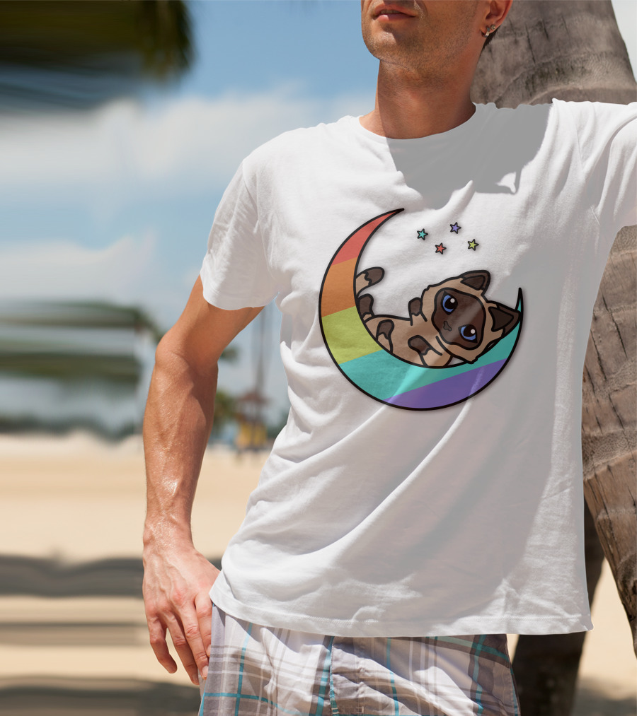 Antfrost Cat On Rainbow Crescent With Stars T-Shirt