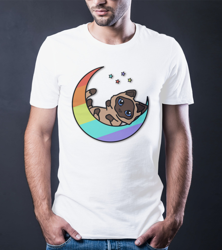 Antfrost Cat On Rainbow Crescent With Stars T-Shirt