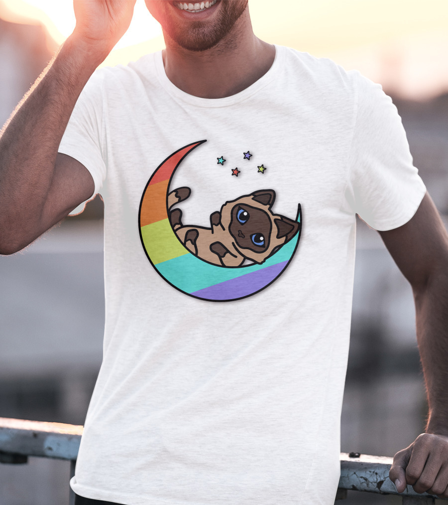 Antfrost Cat On Rainbow Crescent With Stars T-Shirt
