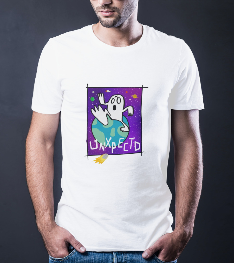 Unxpectd Ghost Mascot Floating In Outer Space With Planets And Asteroids T-Shirt