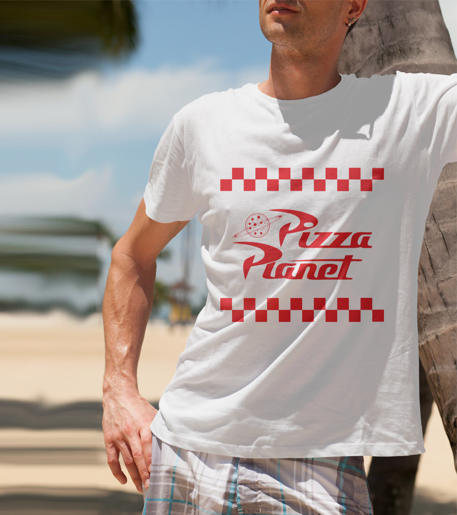 Toy Story Pizza Planet Logo With Red Checkered Border T-Shirt