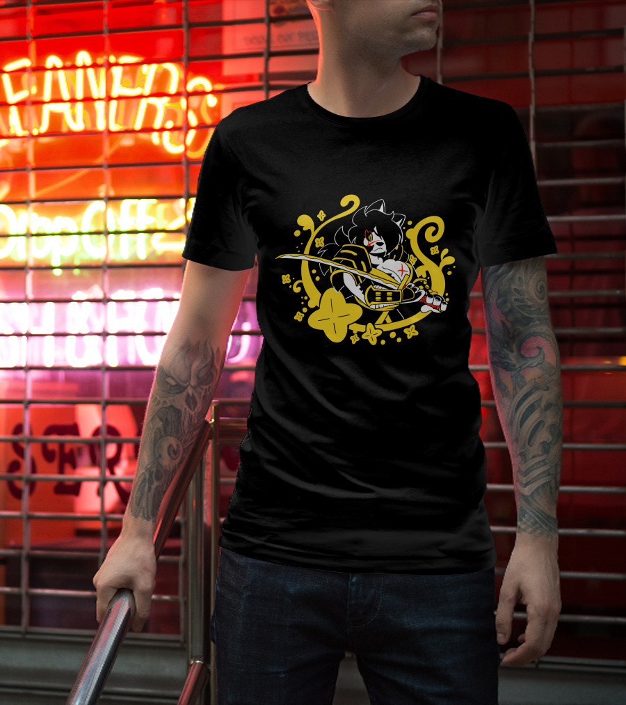 Hachimitsu Samurai Character With Sword And Yellow Floral Motif T-Shirt