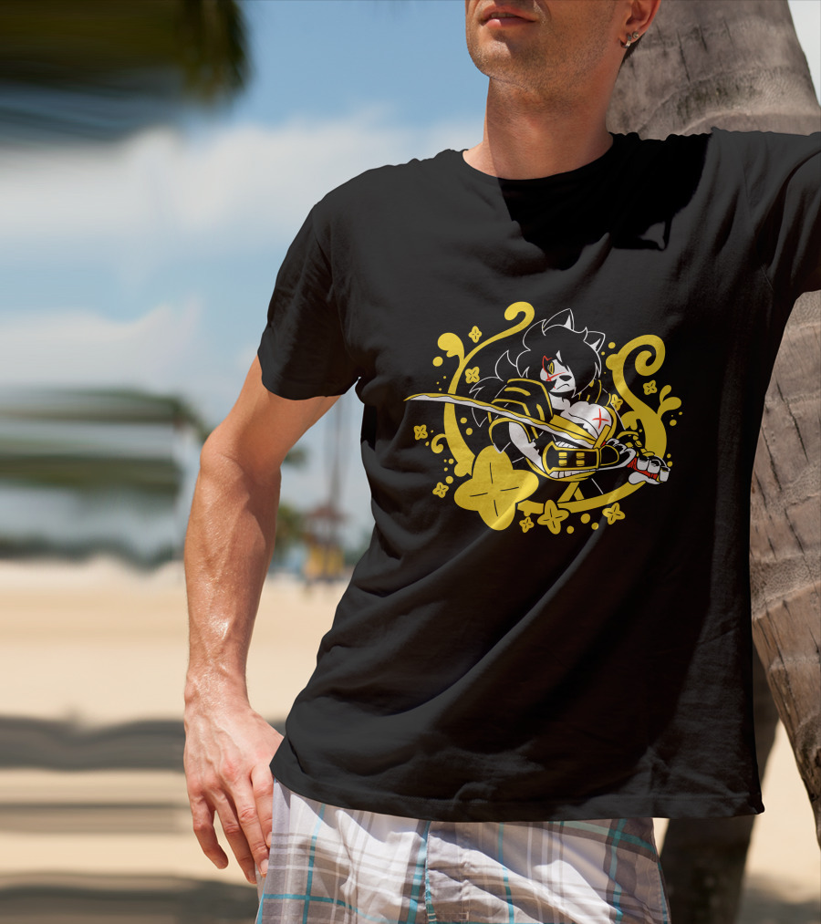 Hachimitsu Samurai Character With Sword And Yellow Floral Motif T-Shirt