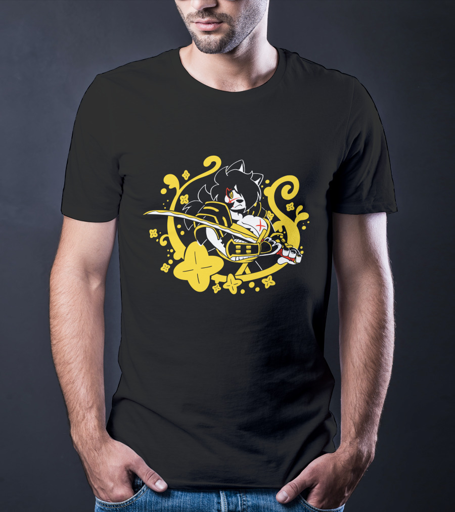 Hachimitsu Samurai Character With Sword And Yellow Floral Motif T-Shirt