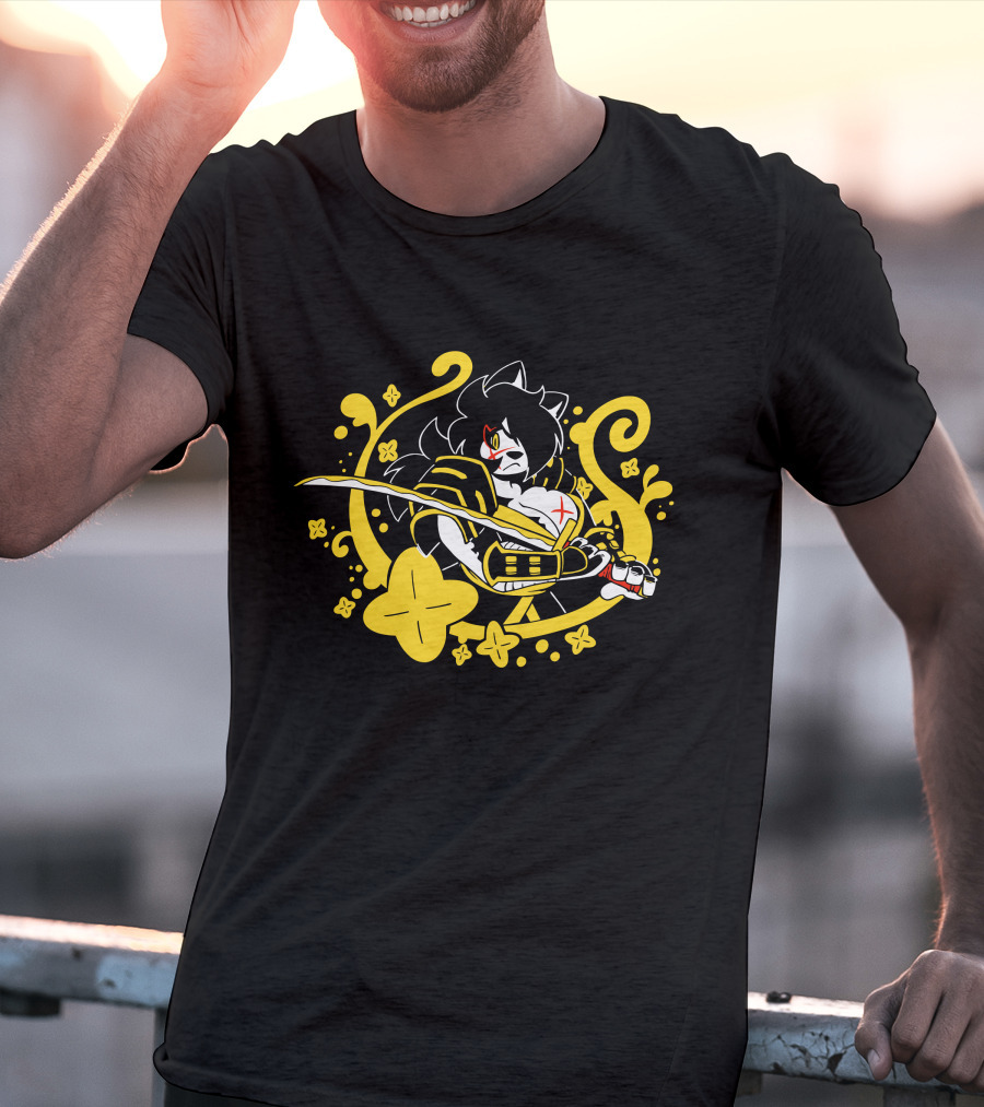 Hachimitsu Samurai Character With Sword And Yellow Floral Motif T-Shirt