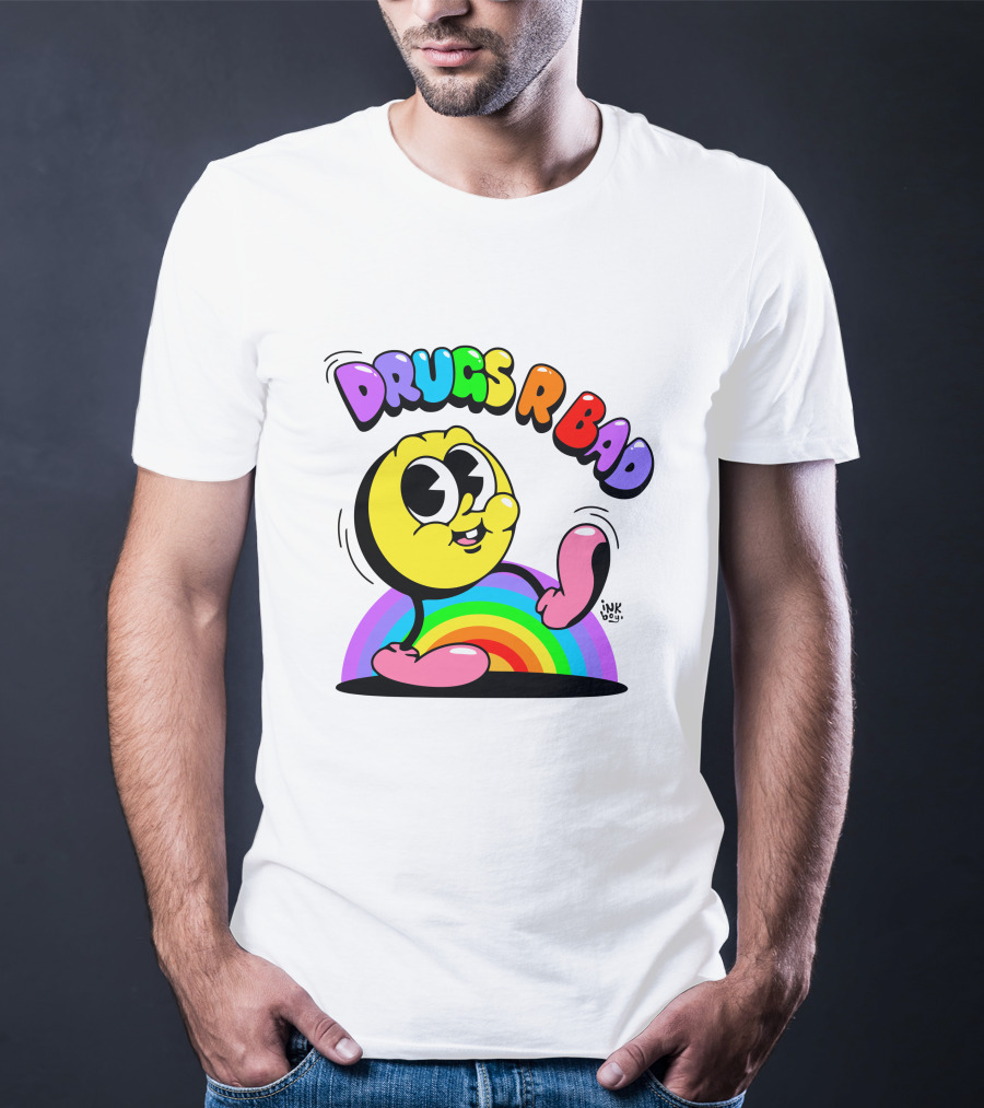 DRUGS R BAD Retro Rainbow Cartoon Smiley T-Shirt