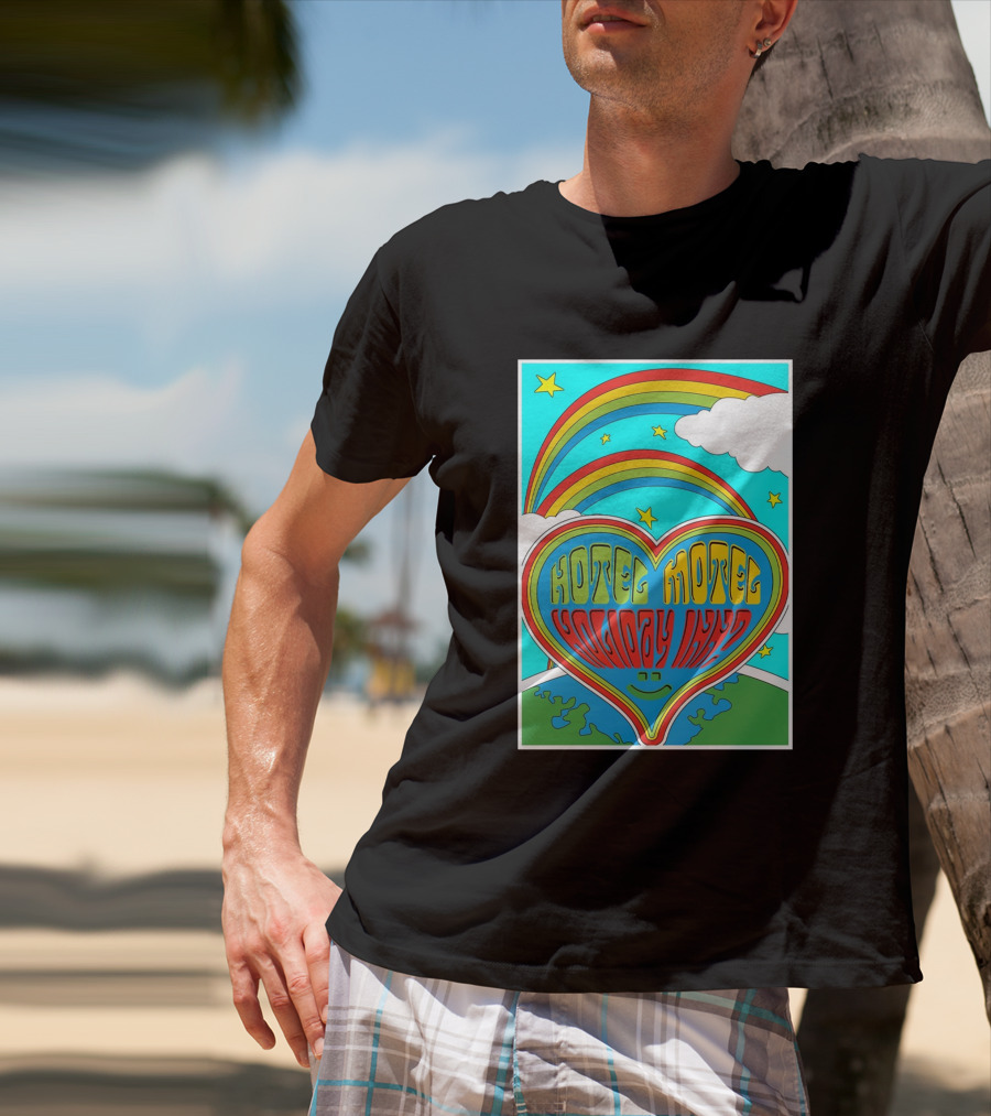 Sarahbaska Hotel Motel Holiday 1973 Rainbow Earth Heart T-Shirt