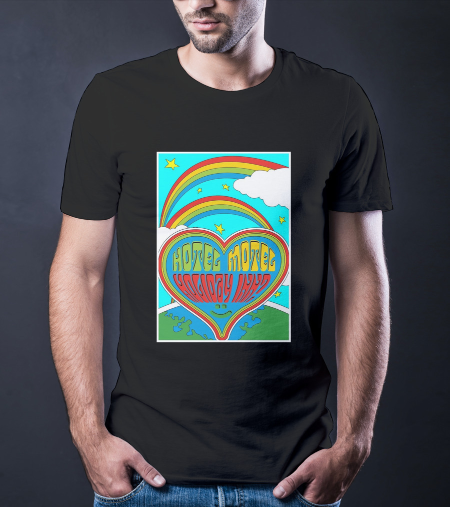 Sarahbaska Hotel Motel Holiday 1973 Rainbow Earth Heart T-Shirt