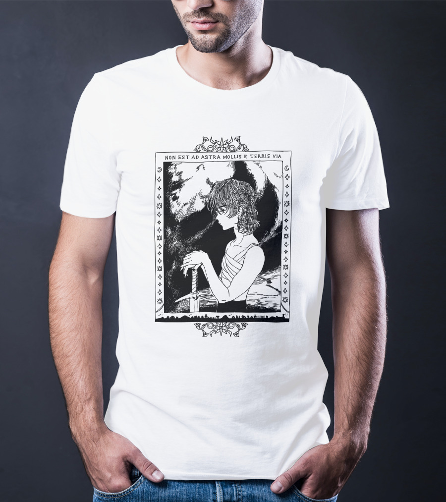 Non Est Ad Astra Mollis E Terris Via Sword-Wielding Figure In Classical Frame T-Shirt