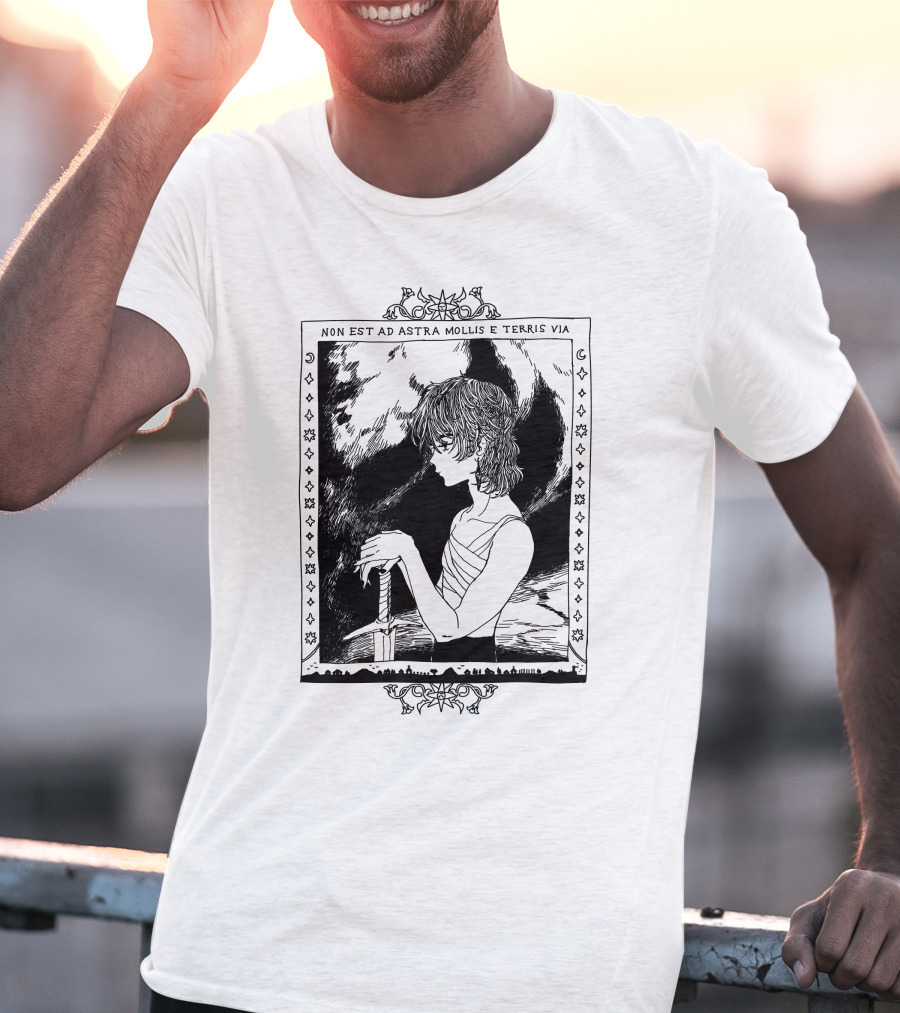 Non Est Ad Astra Mollis E Terris Via Sword-Wielding Figure In Classical Frame T-Shirt