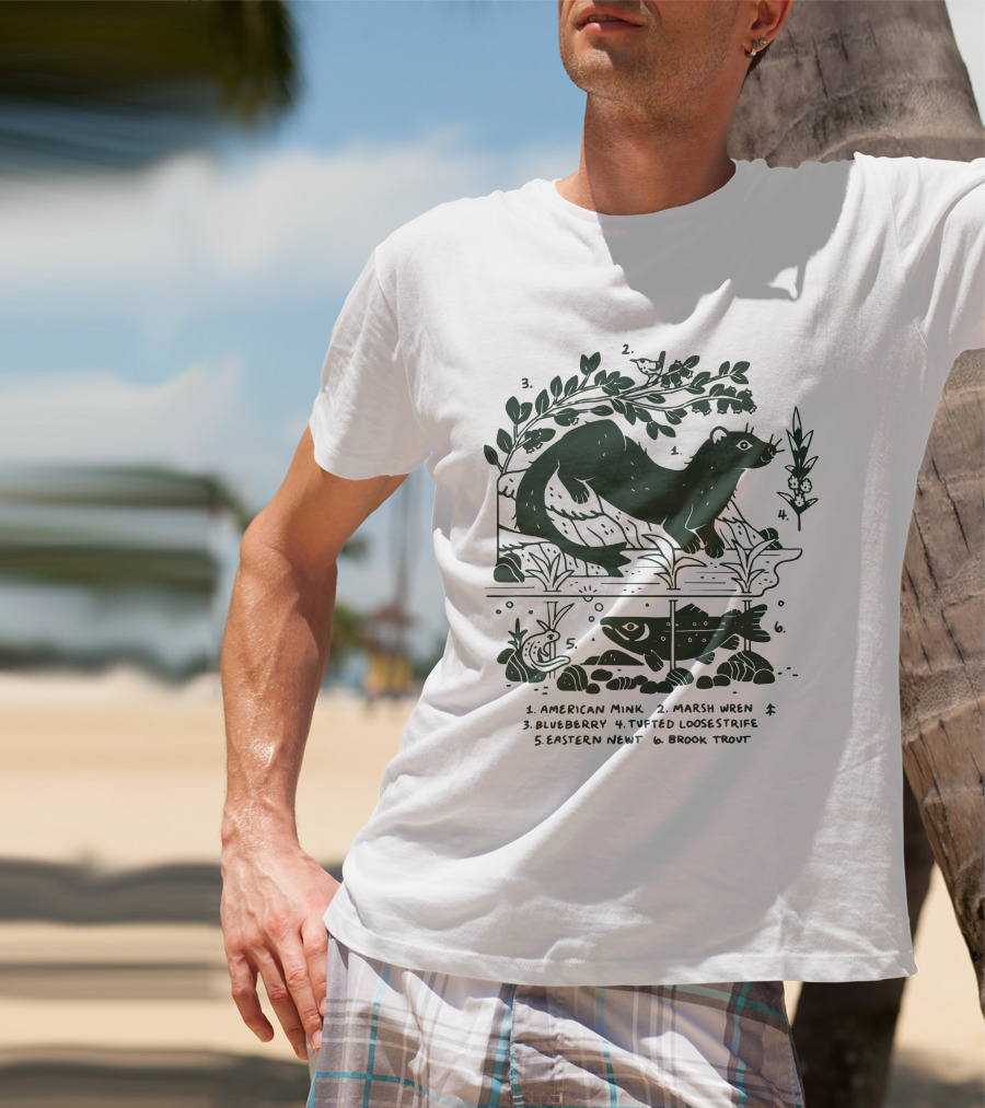 Camp Mustelid Merch Taxonomy American Mink Marsh Wren Blueberry Tufted Loosestrife Eastern Newt Brook Trout T-Shirt