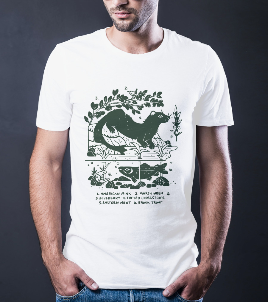 Camp Mustelid Merch Taxonomy American Mink Marsh Wren Blueberry Tufted Loosestrife Eastern Newt Brook Trout T-Shirt