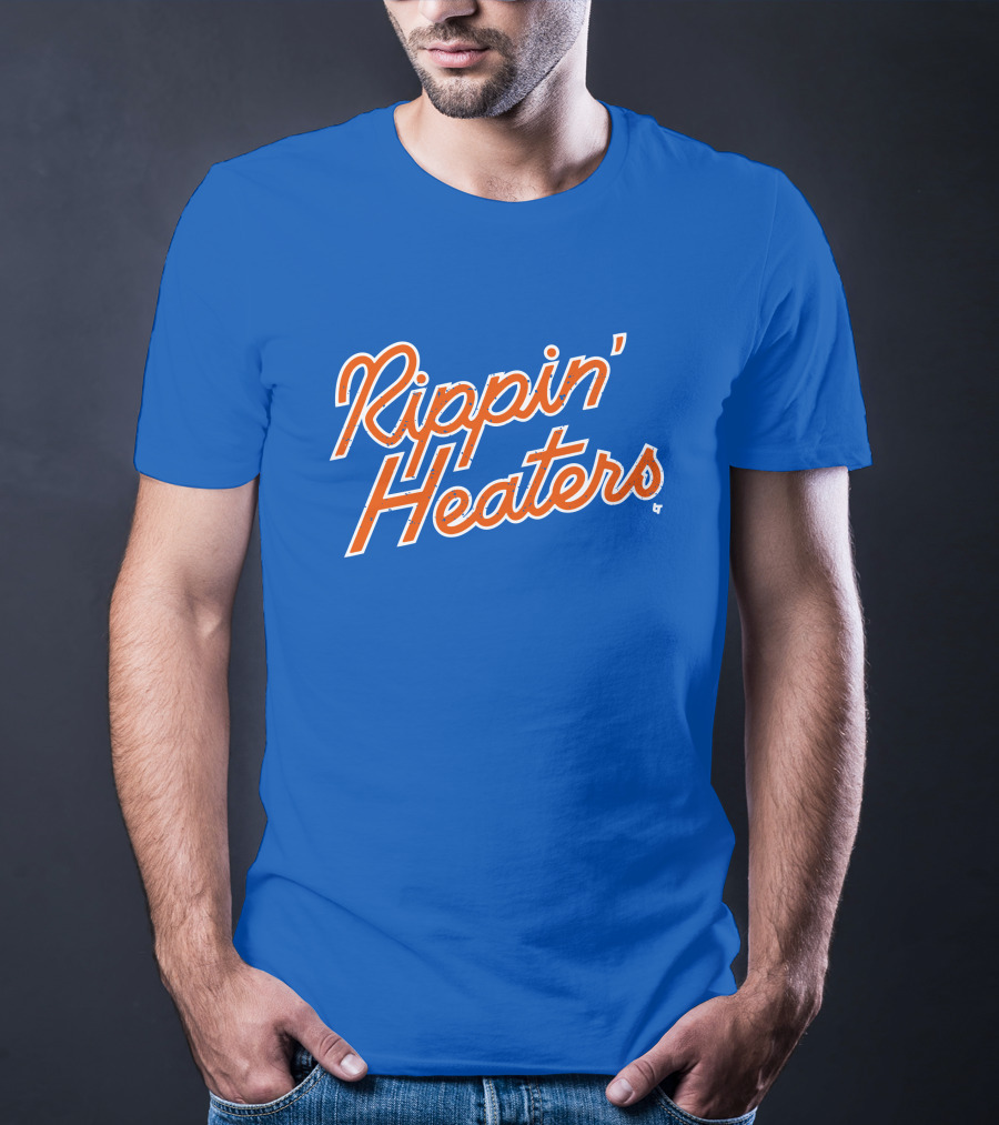 Rippin' Heaters Bold Script White And Orange Retro Style On Blue T-Shirt
