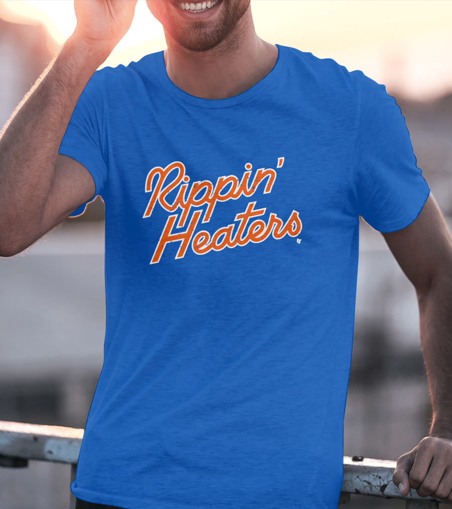 Rippin' Heaters Bold Script White And Orange Retro Style On Blue T-Shirt