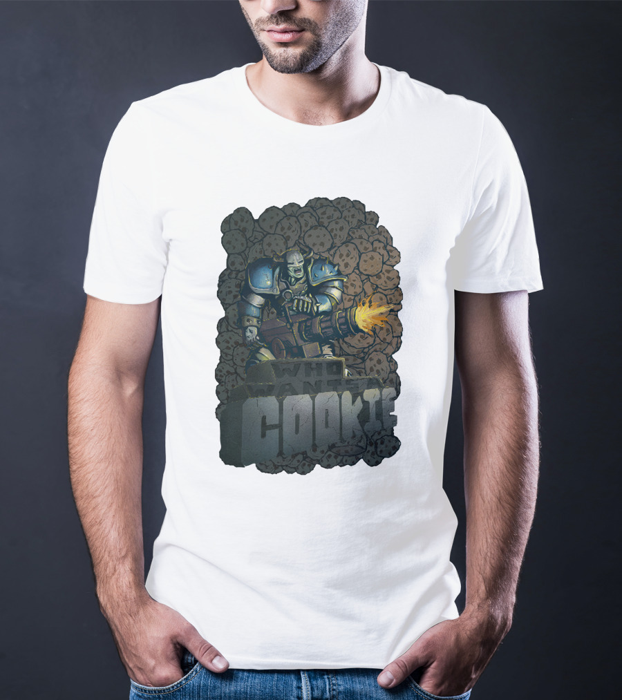 Oxhorn Who Wants A Cookie With Armored Figure And Gun Surrounded By Cookies T-Shirt