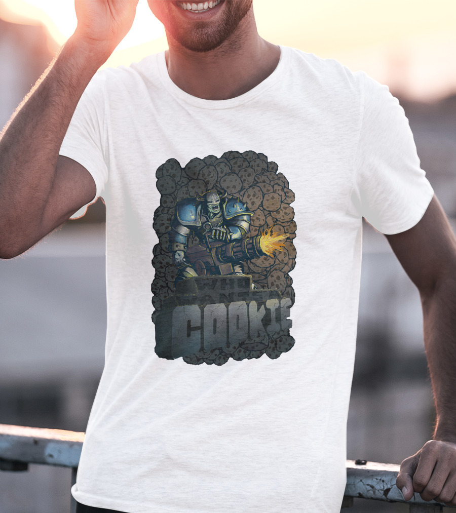 Oxhorn Who Wants A Cookie With Armored Figure And Gun Surrounded By Cookies T-Shirt