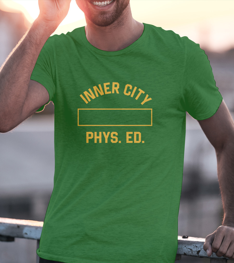 Inner City Phys Ed Green Yellow Block Letters T-Shirt