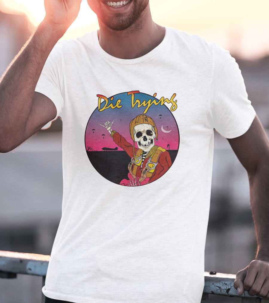 Die Trying Skeleton Paratrooper Skydiving Scene T-Shirt