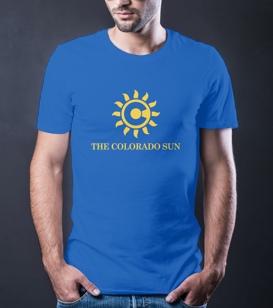 The Colorado Sun Merch Colorado Sun Logo Yellow Sunburst Blue Background T-Shirt