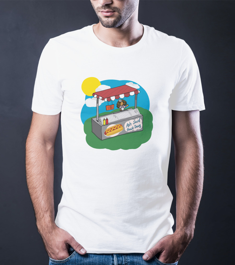 Ash Said Hawt Dawg Stand With Hot Dog And Condiments Under Red Canopy In Cartoon T-Shirt