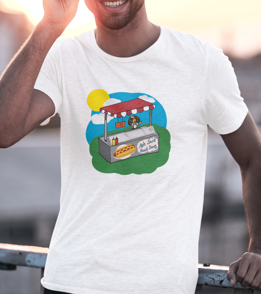 Ash Said Hawt Dawg Stand With Hot Dog And Condiments Under Red Canopy In Cartoon T-Shirt